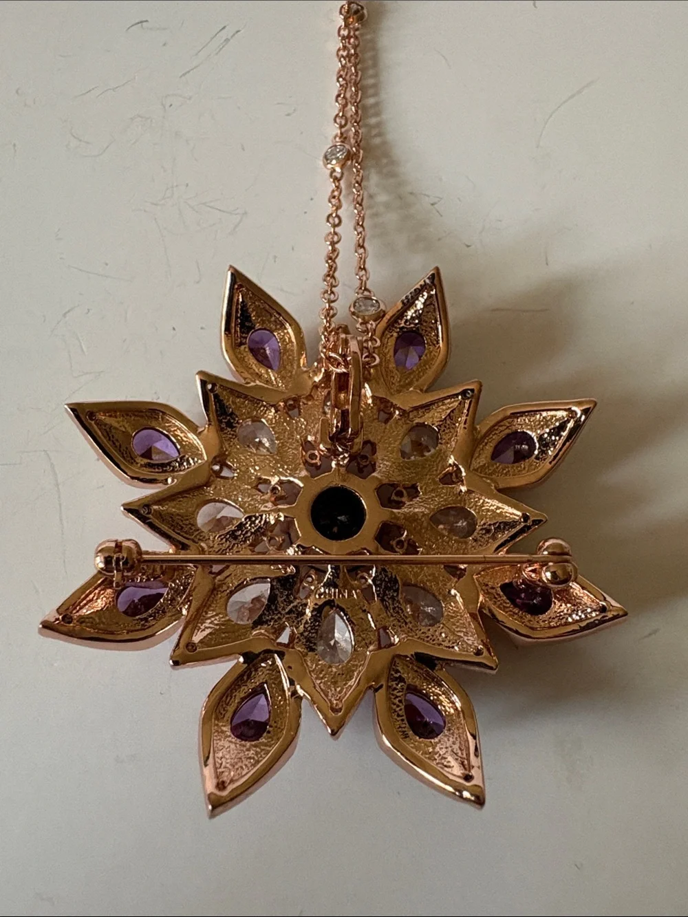Rose Gold Floral Pendant Necklace or Brooch with Purple and Clear Stones